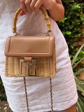 Ted Baker Tan Wicker Top-Handle Mini Crossbody